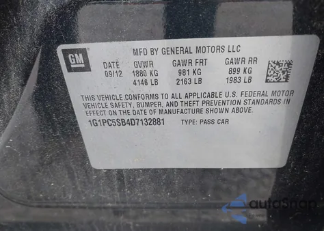 2013 Chevrolet Cruze 1Lt Auto из США, поврежденный, VIN 1G1PC5SB4D7132881